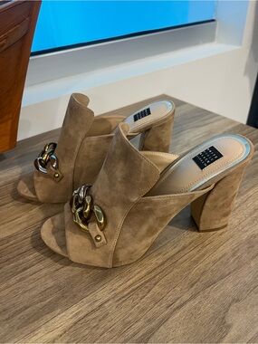 White House Black Market Suede Chain Block Heel Mules Size 9